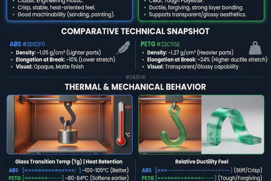 Comparison of ABS and PETG 3D prints showing different surface finishes on the objects.