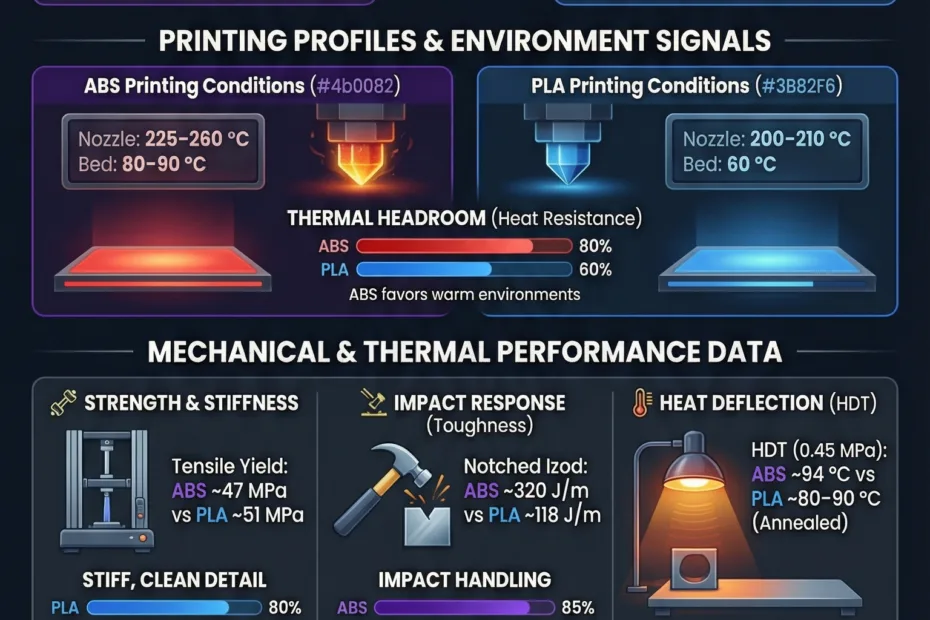 ABS and PLA filaments are shown side by side, with their spool colors visible.