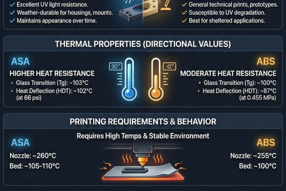 Comparison of ASA and ABS, showing a close-up of separate plastic material samples in different colors.