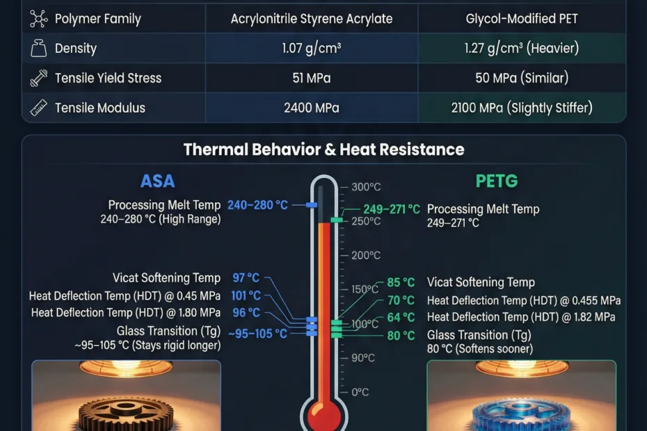Different physical samples of ASA and PETG plastics placed side by side on a surface.