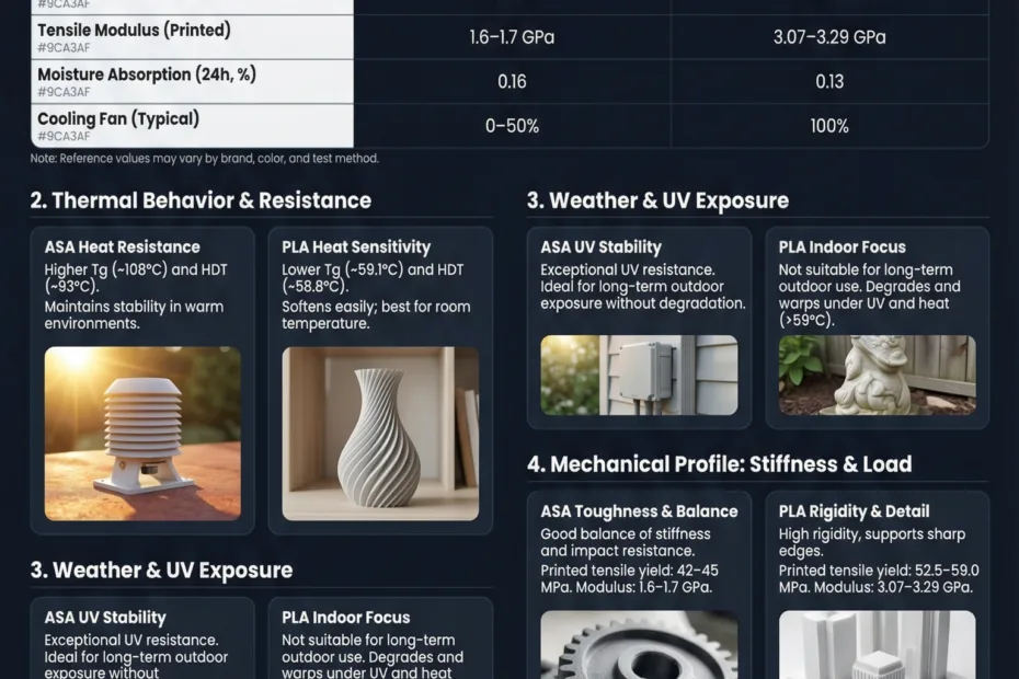 Comparison between ASA and PLA show ASA's weather-resistant surface and white plastic bottles.