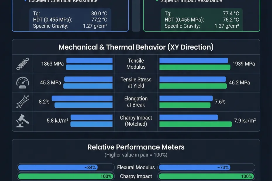 Comparison of CPE and PETG filaments showing their thermal properties on a chart.