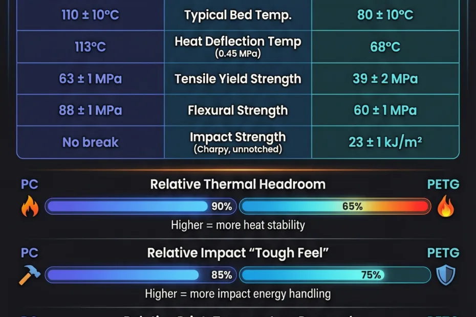Computer screens showing temperature settings for PC and PETG filament printing.