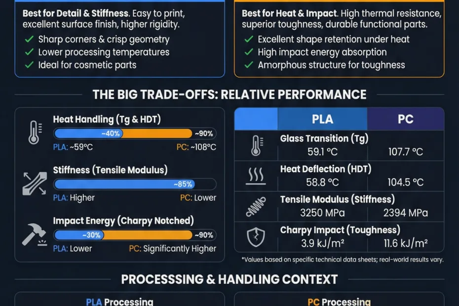 Close-up of a 3D printed object showing the layered texture of PLA filament and a desktop computer
