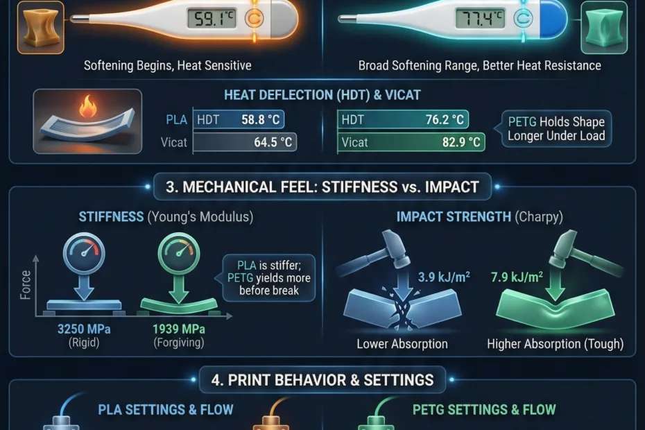 Comparison image showing a clear PLA sample and a colorful PETG filament spool on a workbench.