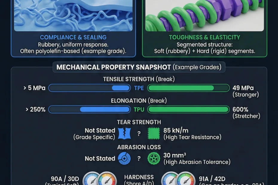 Close-up of a green TPU and TPE samples showing their flexible textures.