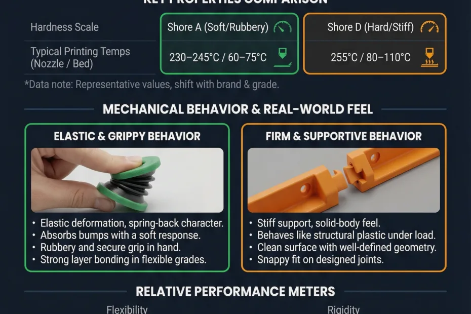 Flexible TPU and rigid ABS material samples are shown, highlighting their differences.