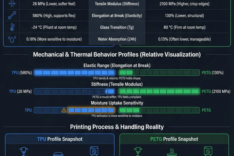 Flexibles like TPU and PETG are shown in a close-up of their textured surfaces.