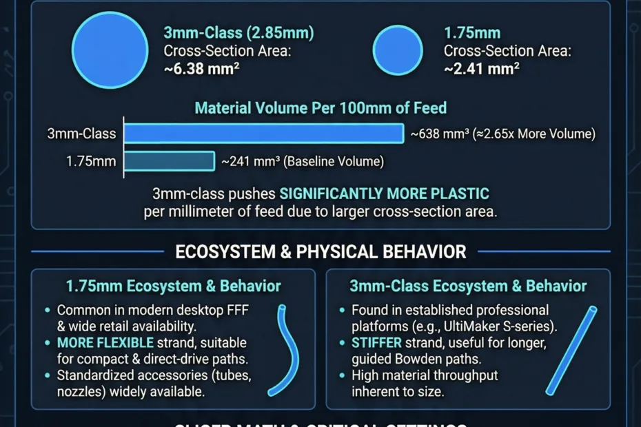 Close-up of a 3mm filament spool next to a 1.75mm filament spool, showing diameter differences.