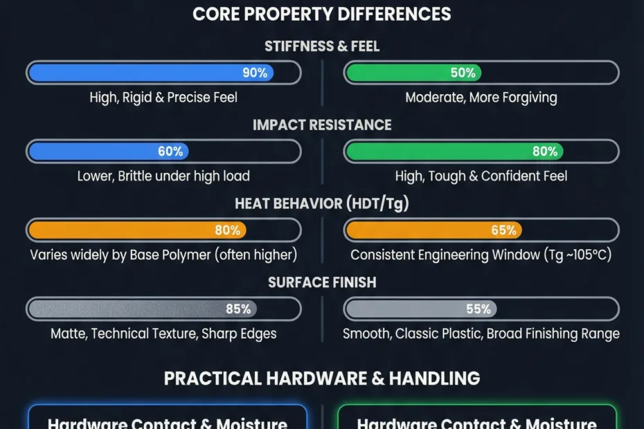 Close-up of a carbon fiber panel and an ABS plastic part side by side, illustrating the material differen…