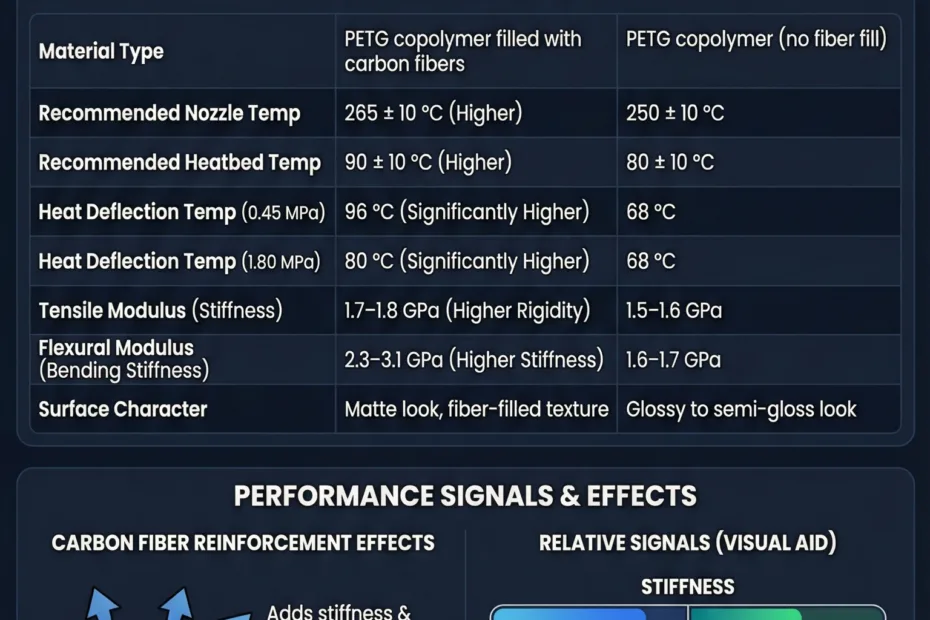 Close-up of a carbon fiber sheet showing a textured pattern, compared to a glossy PETG sheet.