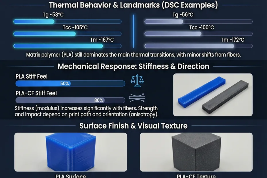 Close-up of a carbon fiber filament and a spool of blue PLA filament for 3D printing.