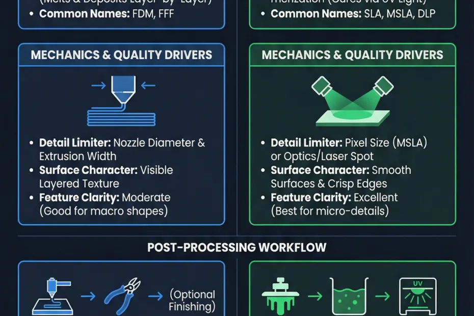 FDM filament and resin 3D prints with detailed mechanisms and a post-processing workspace