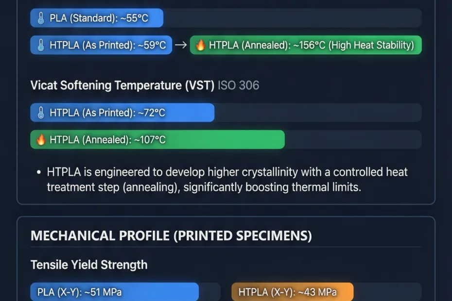 A comparison chart showing HTPLA and PLA heat deflection temperatures with a green highlight on HTPLA.
