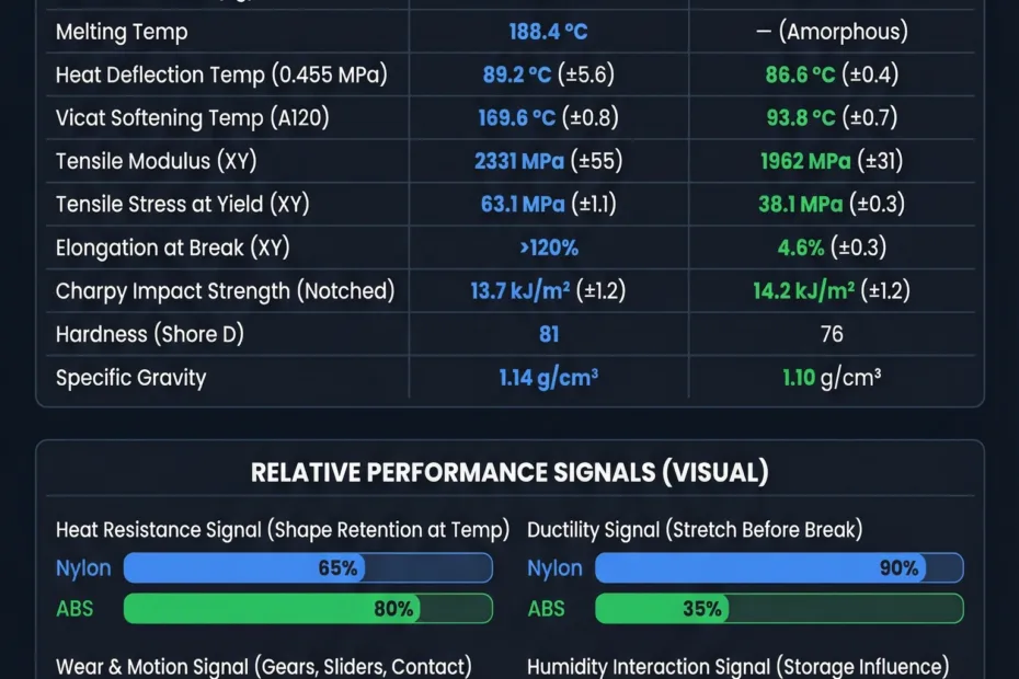 Comparison chart showing nylon and ABS material properties with a close-up of plastic samples.