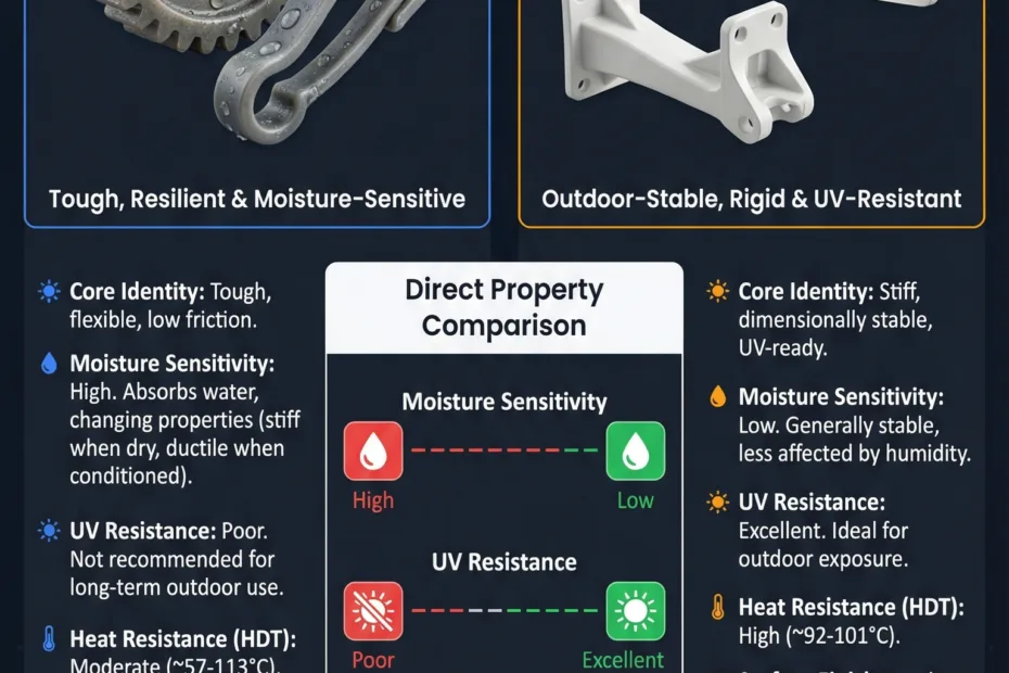 Close-up of a 3D printer filament spool showing shiny white nylon filament on the left and matte orange A…