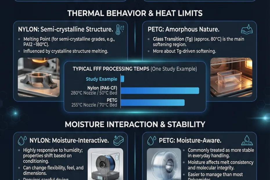 Nylon and PETG filaments shown in a 3D printer with blue light highlighting their transparency and textur…