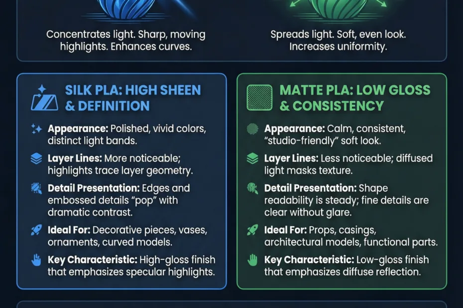 Close-up of a 3D printed object showing smooth silk PLA surface contrasted with matte PLA texture.