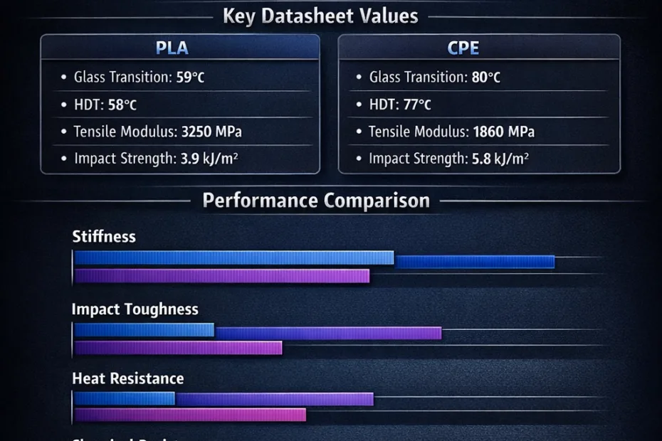 Comparison chart showing performance scores of CPE and PLA filaments with CPE scoring higher in most cate…