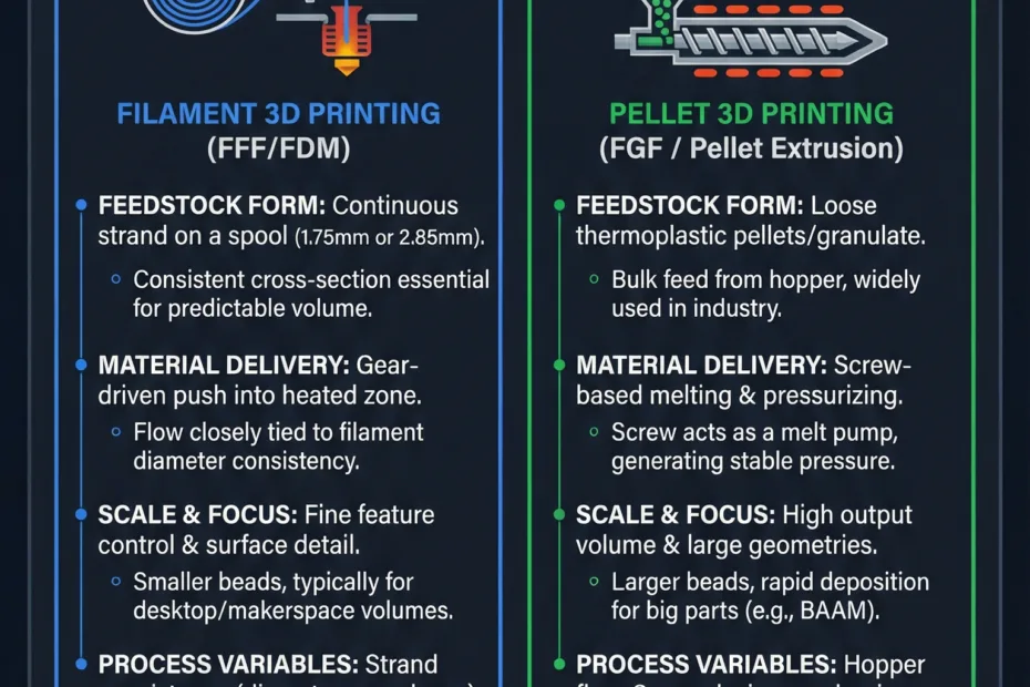 Close-up of a filament spool and a pellet container used in filament vs pellet 3D printing.