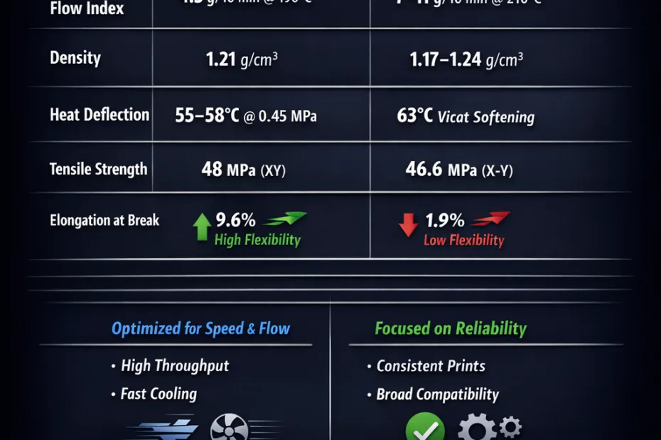 Comparison chart showing high speed filament and normal filament performance metrics, including speed and…