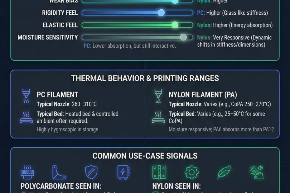 Polycarbonate and nylon materials are shown with close-up views of their textured surfaces.