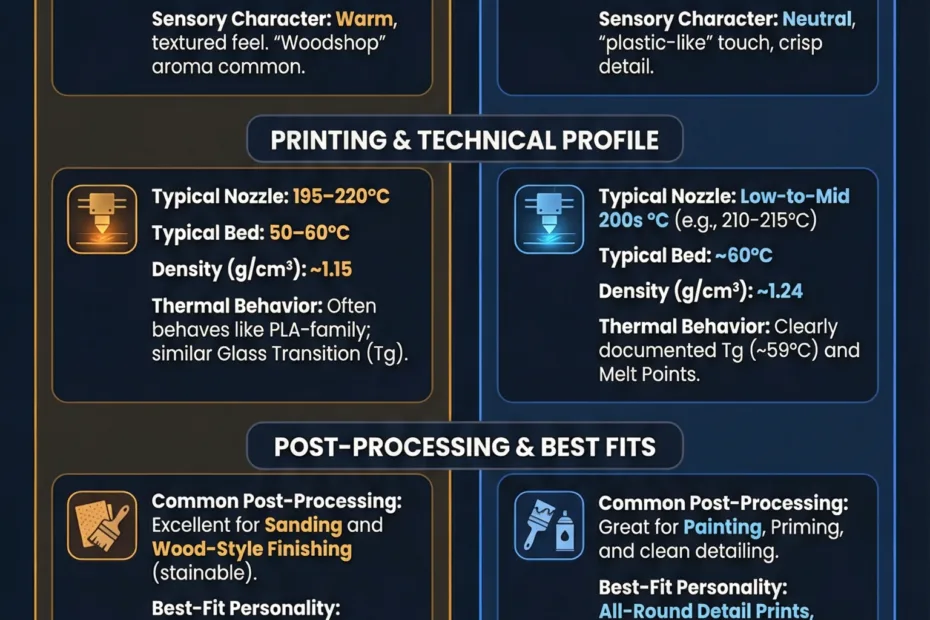 Close-up of a spool of wood filament filament next to a printed wooden-looking object.