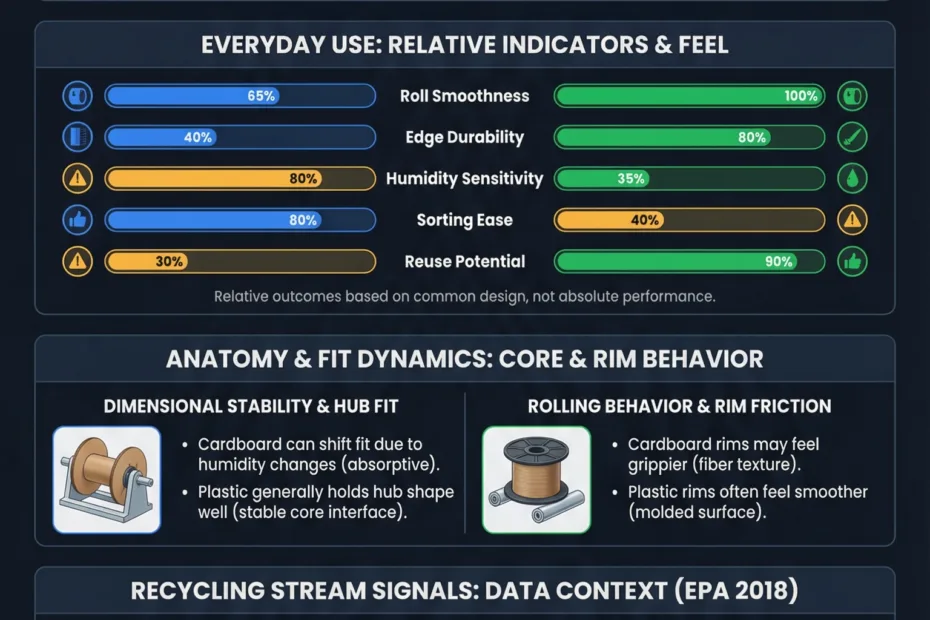 Cardboard spool with a sticky note and a plastic spool placed side by side for comparison.