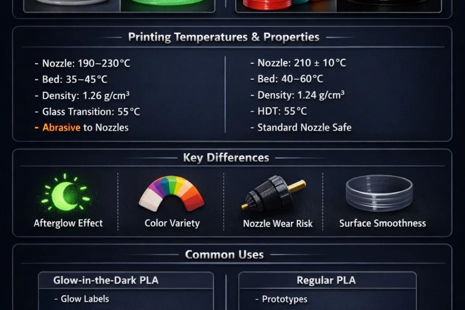 Closest view of a glowing green filament on a 3D printer compared to a regular filament.