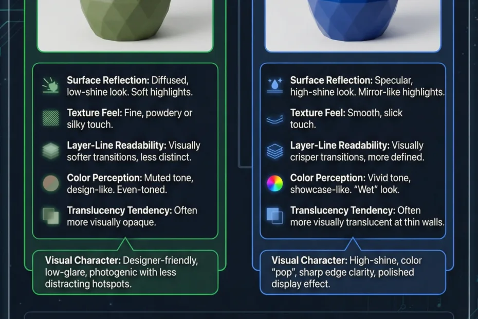 Close-up of a green matte PLA filament spool next to a shiny blue glossy PLA filament spool.