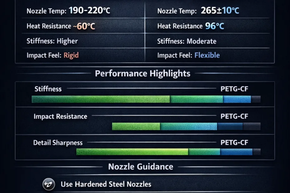 A comparison chart showing performance levels of PLA-CF and PETG-CF filament types.