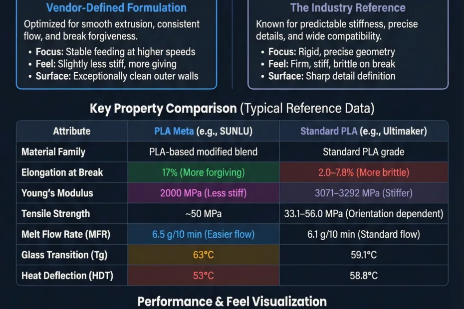 Close-up of a comparison chart showing differences between PLA Meta and PLA filament types.