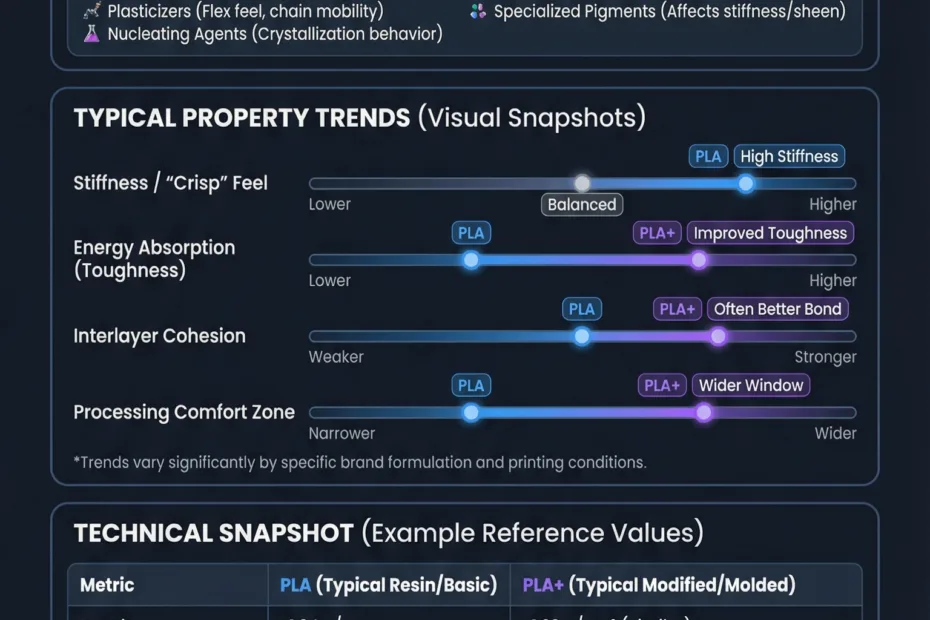 Comparison chart showing different properties of PLA+ and plain PLA filaments
