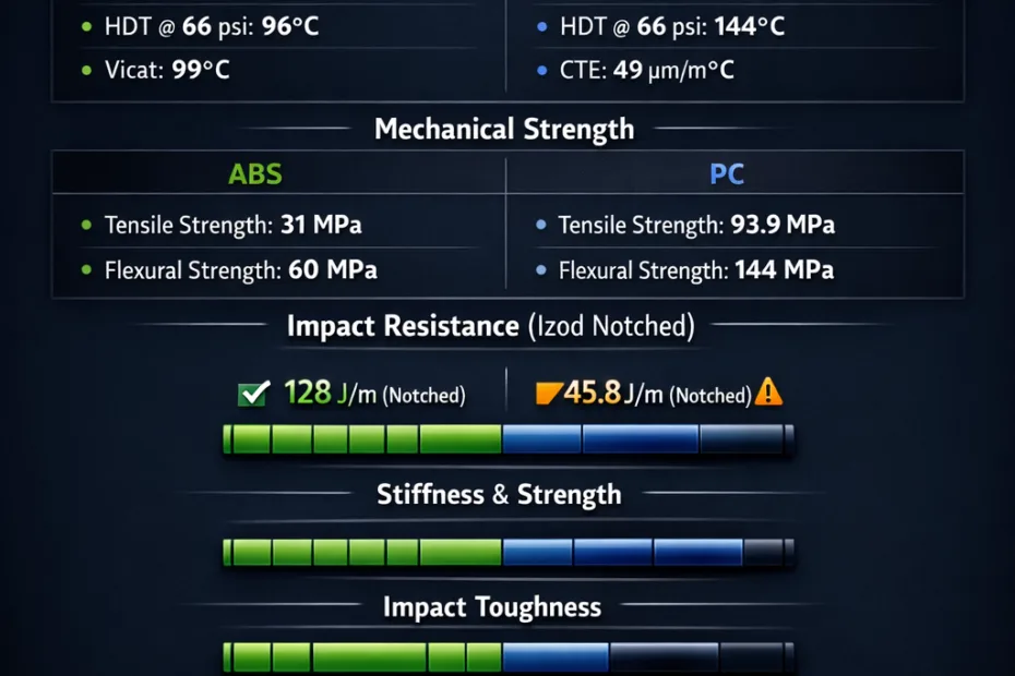Comparing ABS and PC plastics shows a yellow ABS sample and a clear PC sample side by side.
