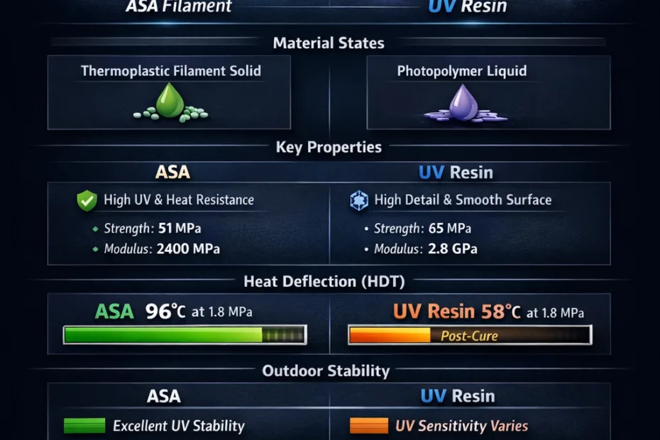 ASA and UV resin test samples with color variations and surface finishes