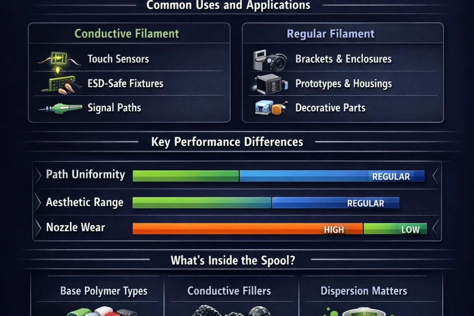 Close-up of a 3D printer nozzle extruding a vibrant filament, showcasing conductive vs regular filament c…