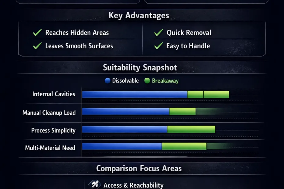 Dissolvable and breakaway supports shown side by side, with one breaking apart in the image.