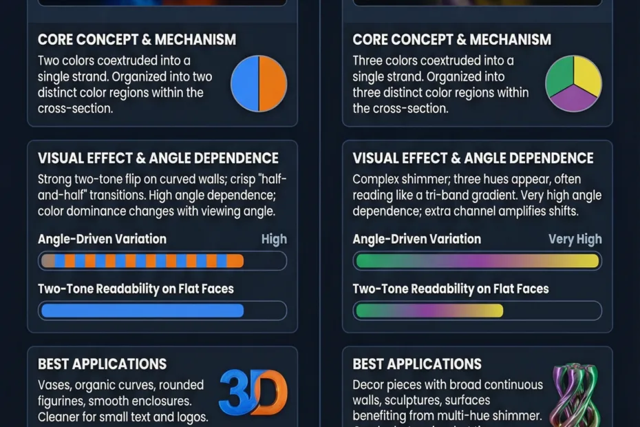 Close-up of a dual-color filament with two contrasting strands coextruded side by side.