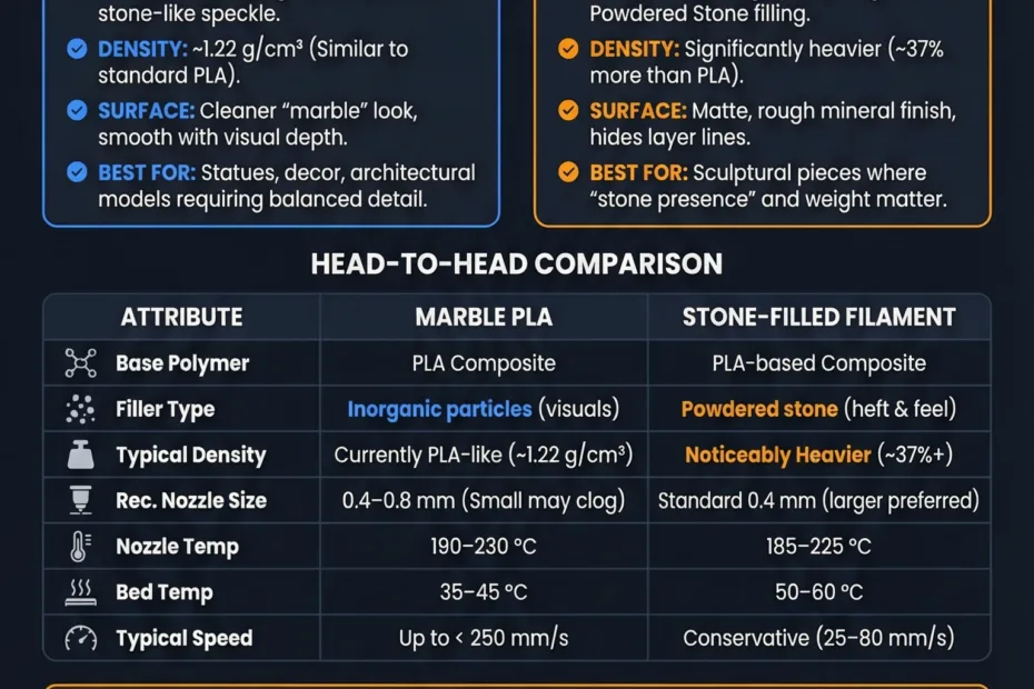 Close-up of marble PLA and stone-filled filament spools with distinct textures.