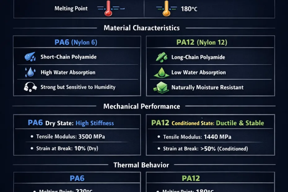 Comparison of PA6 and PA12 shows a PA12 sample with a smooth, flexible surface.