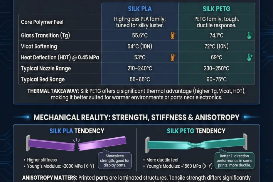 Close-up of a 3D printed object made with Silk PETG vs Silk PLA, showing smooth surface finish.