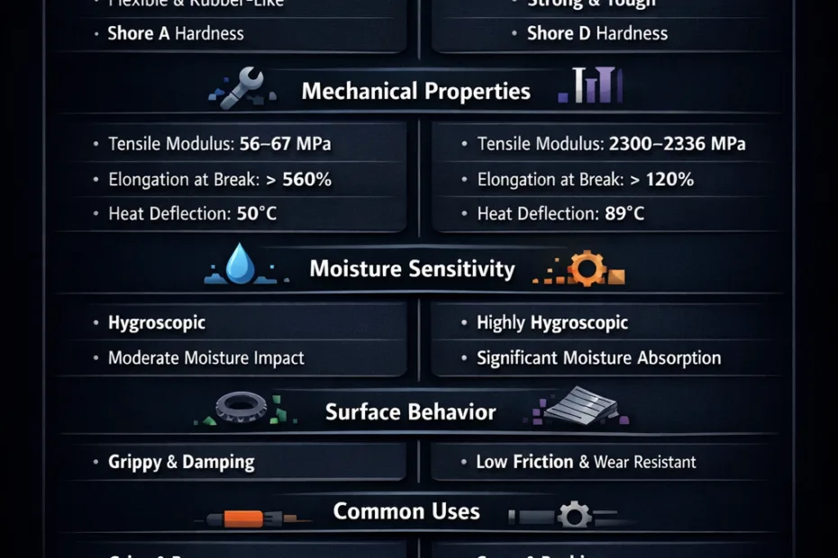 Comparison chart showing TPU and nylon material properties with a focus on their surface behavior.