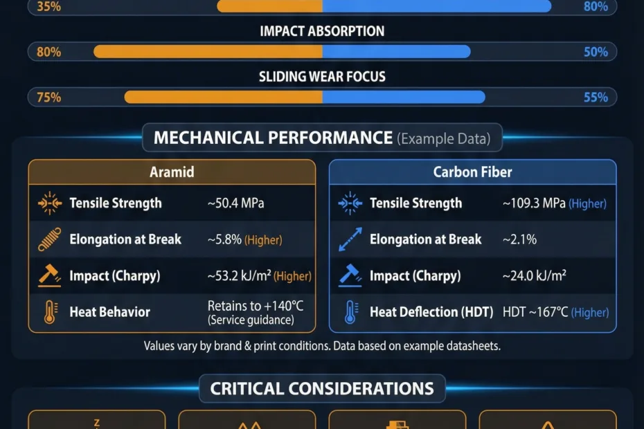 Close-up of a black aramid fiber filament with a textured surface, contrasting with smooth carbon fiber.