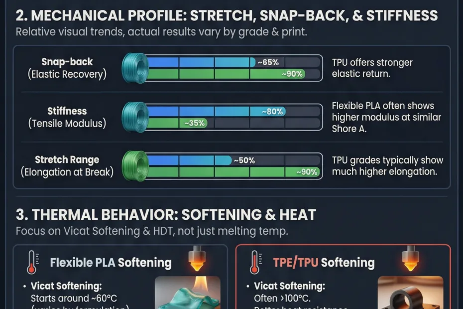 Flexible PLA and TPE soft materials, showing a flexible filament bending easily without breaking.