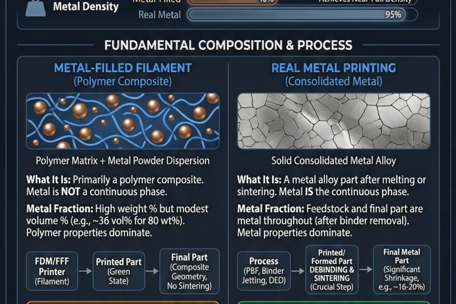 Close-up of a metal-filled 3D print with a textured surface next to a smooth, shiny real metal print.