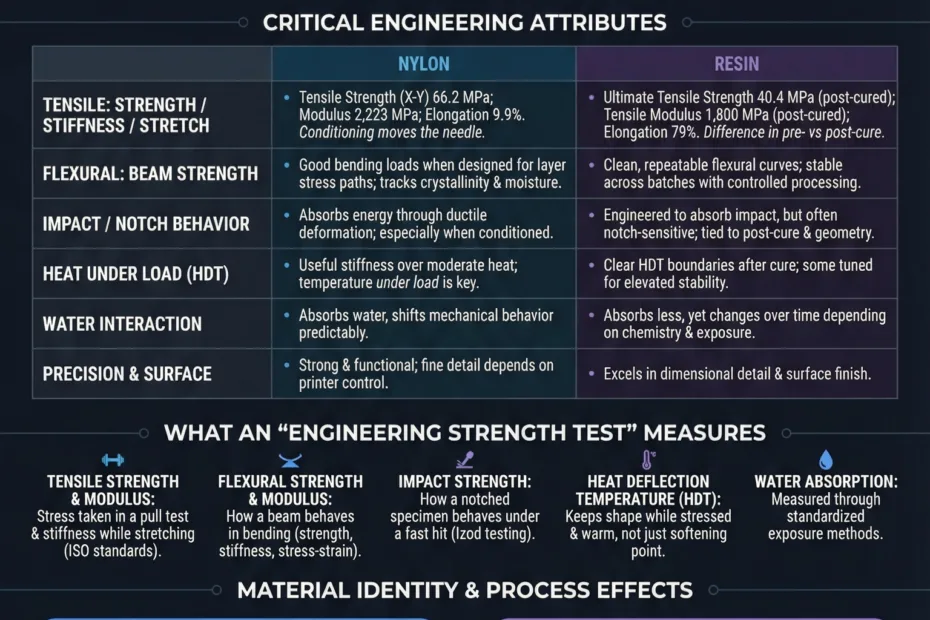 Close-up of a testing machine applying force to a nylon and resin sample side by side.