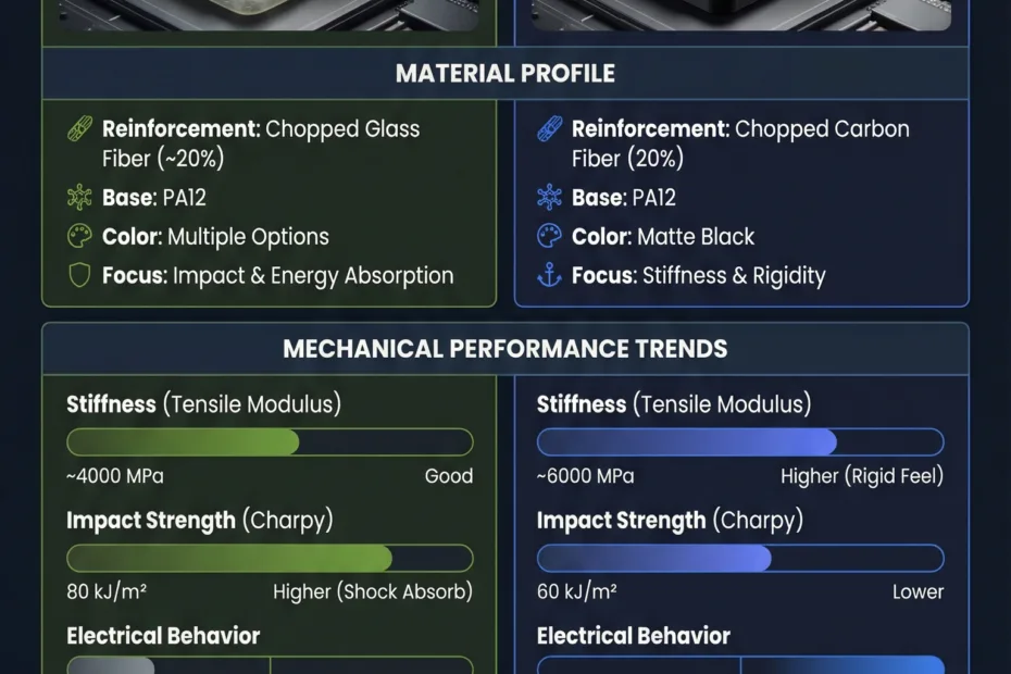 Close-up of a 3D printed part with glass fiber reinforcement in NylonG and carbon fiber reinforcement in…