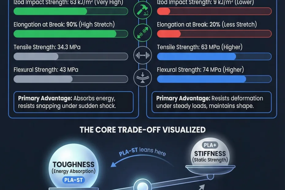 Close-up of the plastic filament spool showing textures of PLA-ST and PLA Plus filaments.