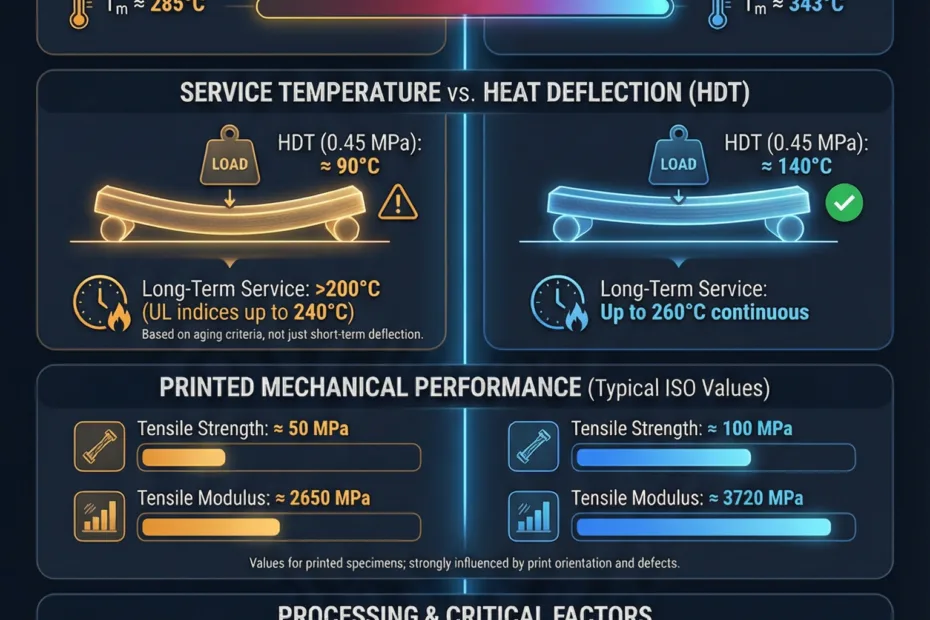 A close-up of a temperature resistance chart comparing PPS and PEEK materials.