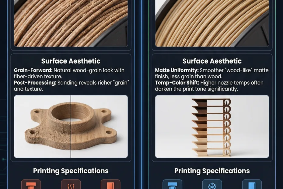 Close-up of bamboo and wood filament samples with their textures side by side.